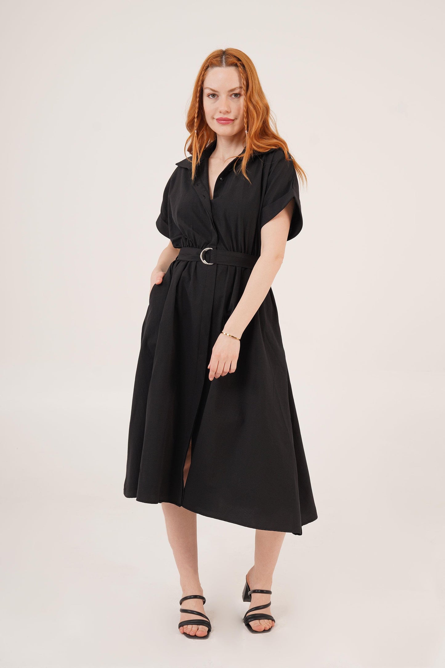 Black Dress With Shirt Collar, Hidden Buttoned, Belt pockets