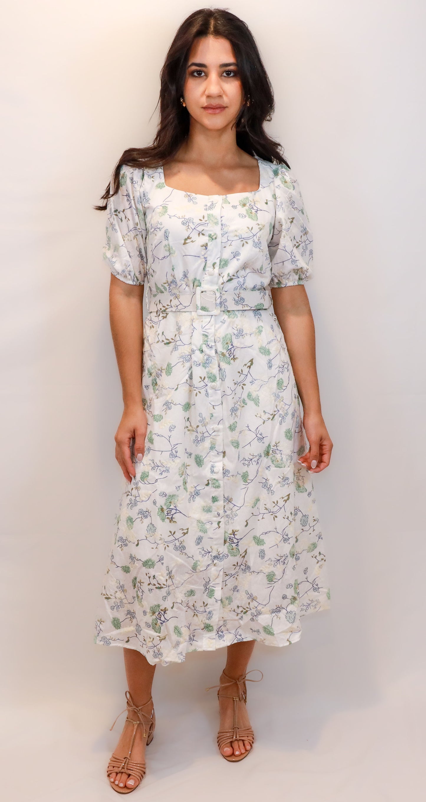 Graceful Charm: Floral Belted Midi Dress