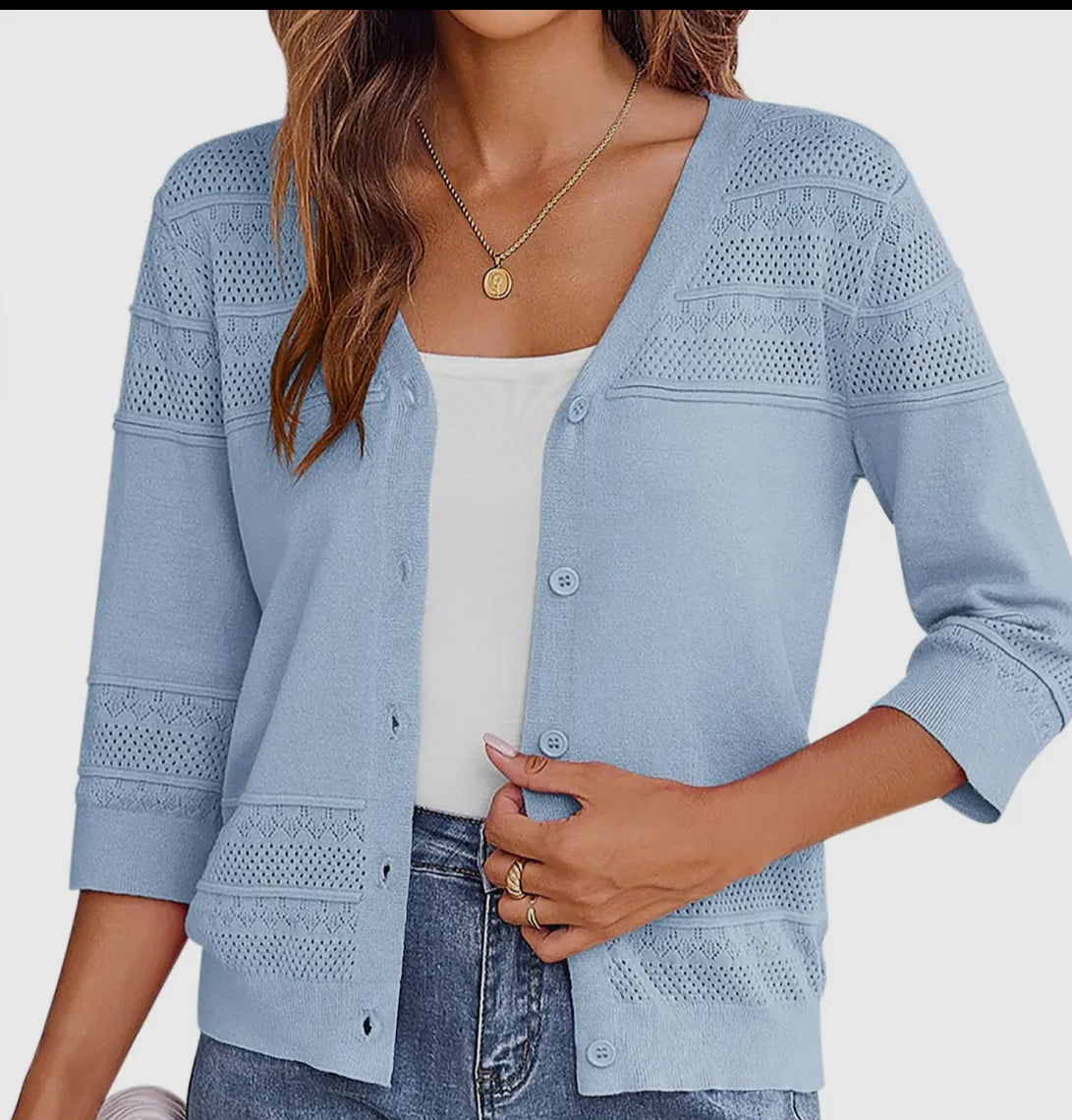 Lace Pattern V Neck Button Front Sweater - Available in 2 colors