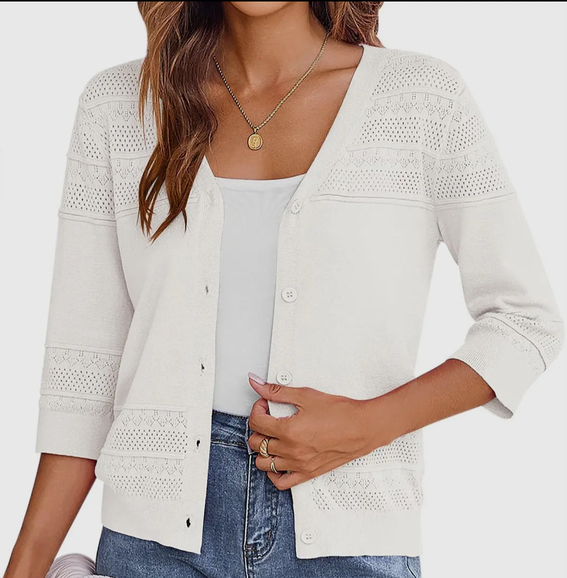 Lace Pattern V Neck Button Front Sweater - Available in 2 colors