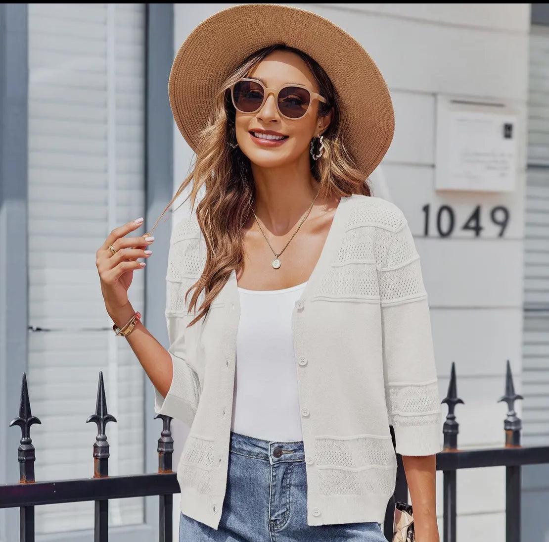 Lace Pattern V Neck Button Front Sweater - Available in 2 colors