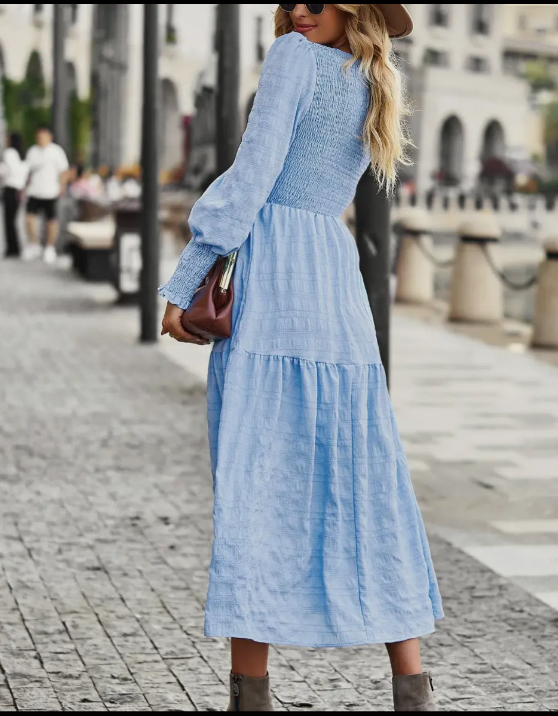 Solid Round Neck Puff Long Sleeve Midi Dress - Light Blue