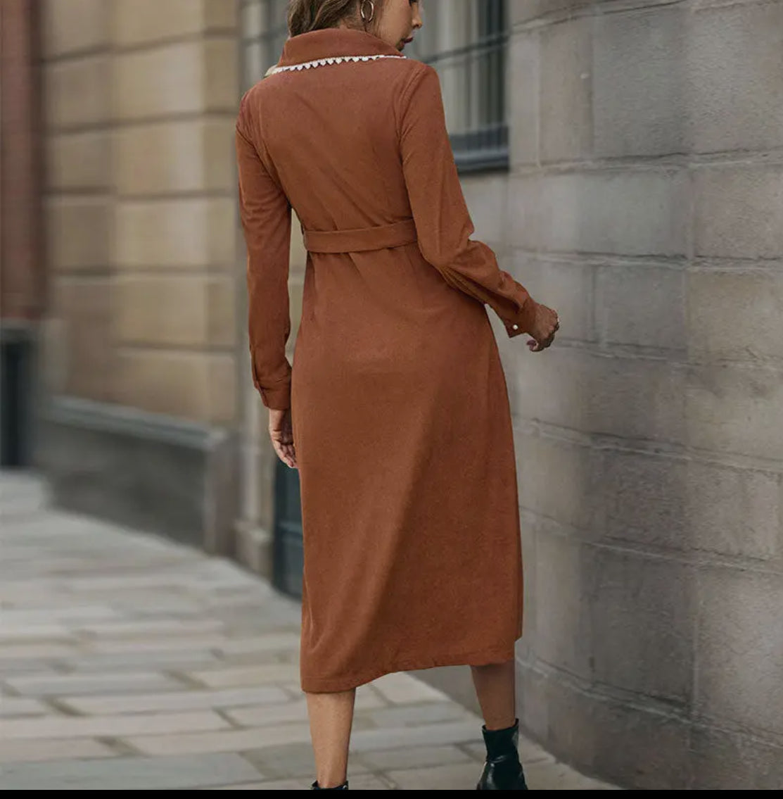 Corduroy Belted Shirt Dress with Lace Collar - Coffee Brown Style & Dignity Corduroy Belted Shirt Dress with Lace Collar - Coffee Brown Style & Dignity