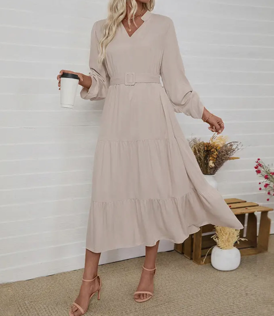 Elegant Long Sleeve V-Neck Belted Midi Dress - Apricot