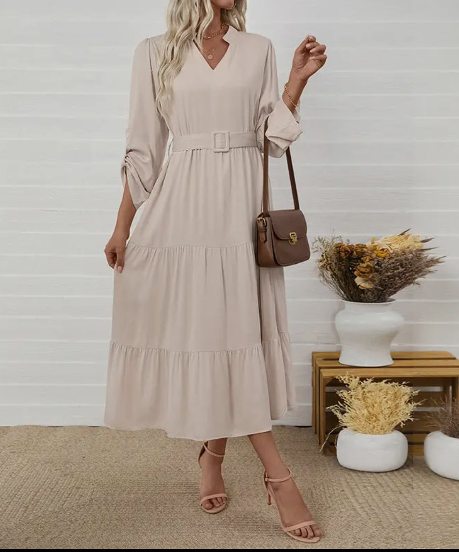 Elegant Long Sleeve V-Neck Belted Midi Dress - Apricot