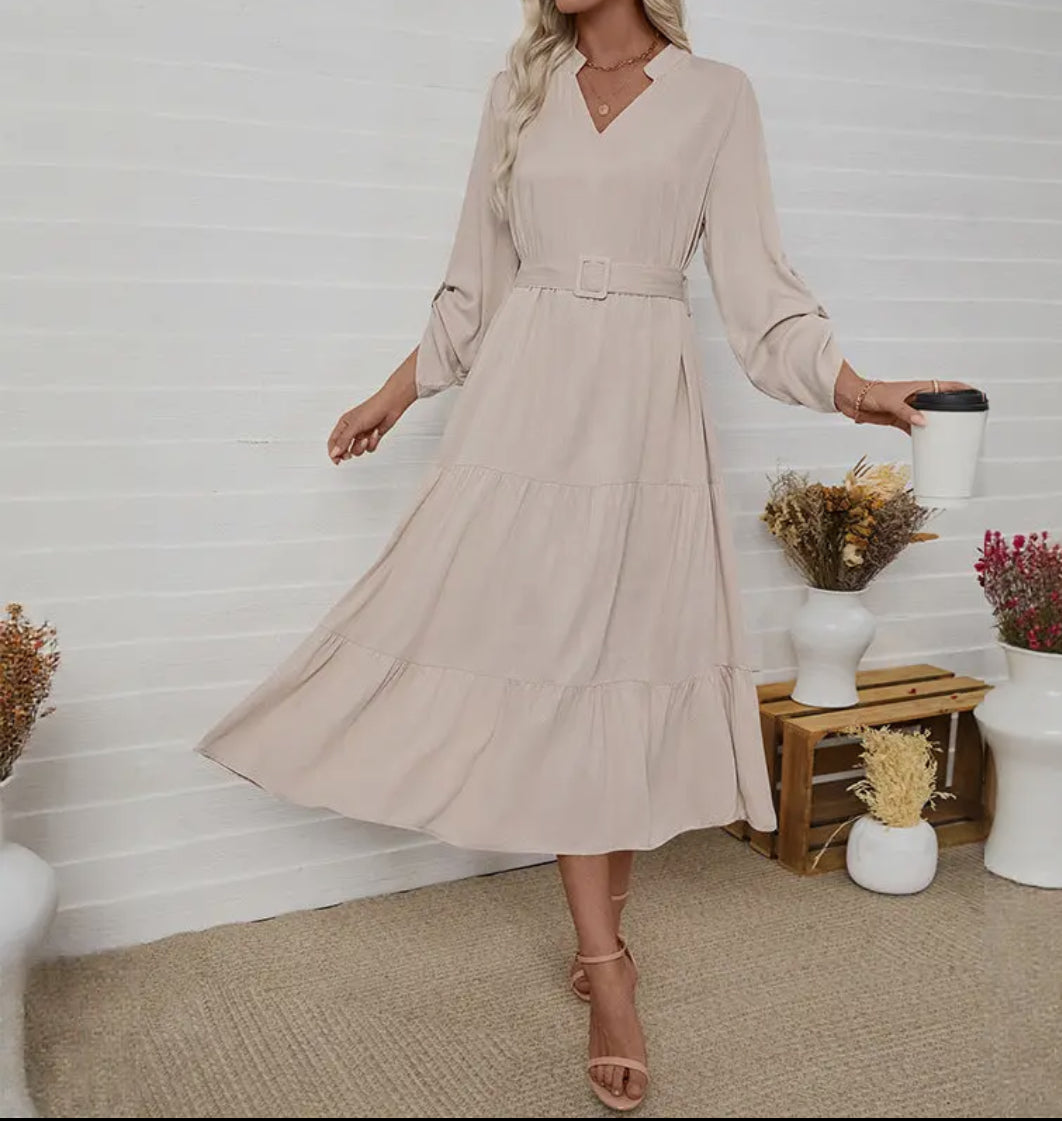 Elegant Long Sleeve V-Neck Belted Midi Dress - Apricot