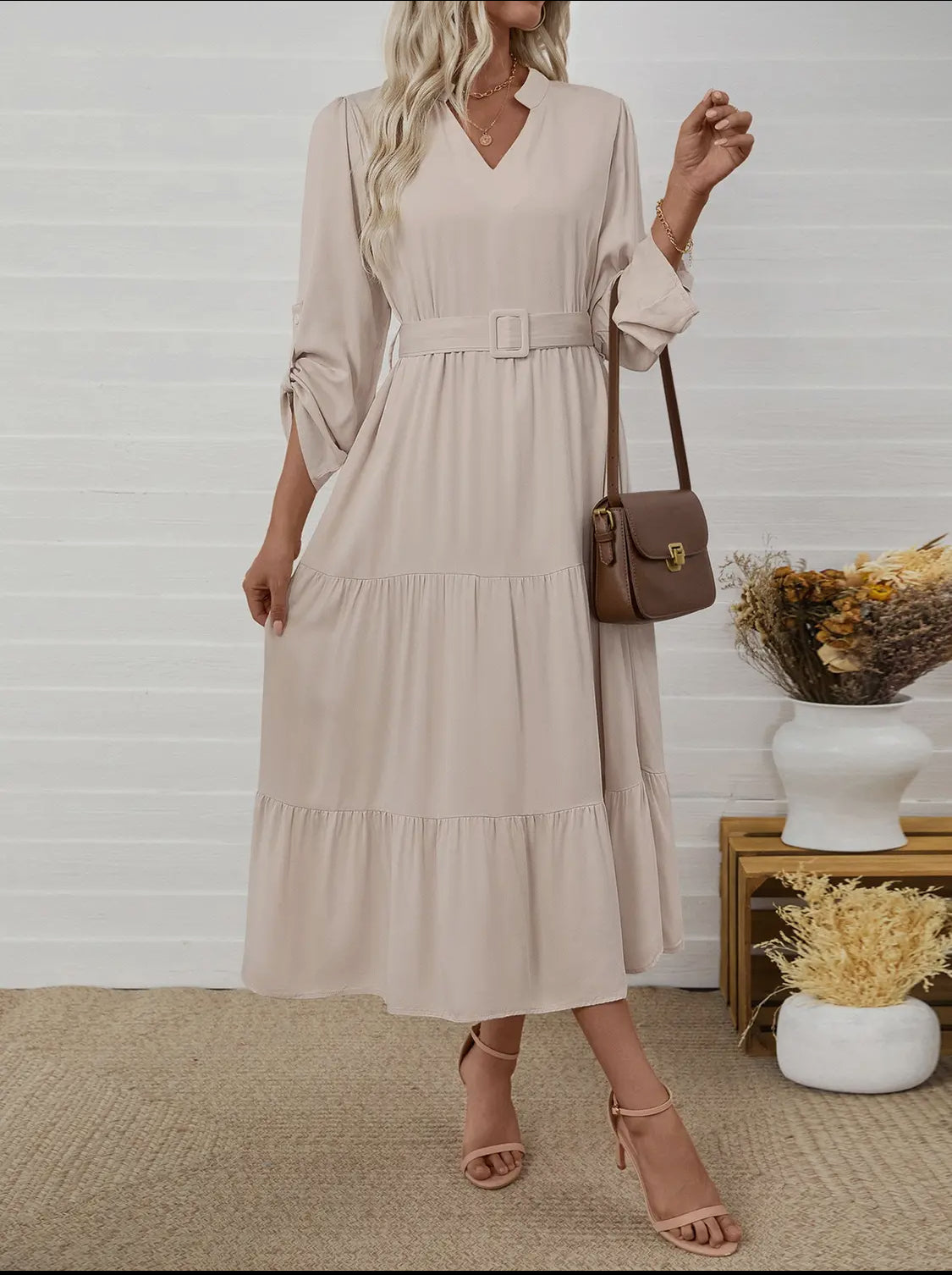 Elegant Long Sleeve V-Neck Belted Midi Dress - Apricot