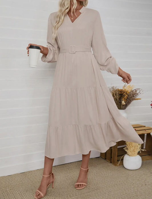 Elegant Long Sleeve V-Neck Belted Midi Dress - Apricot