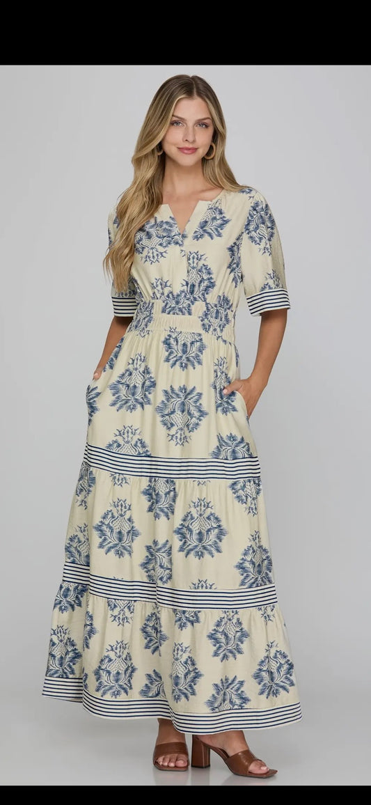 Print Tiered Maxi Dress - Blue