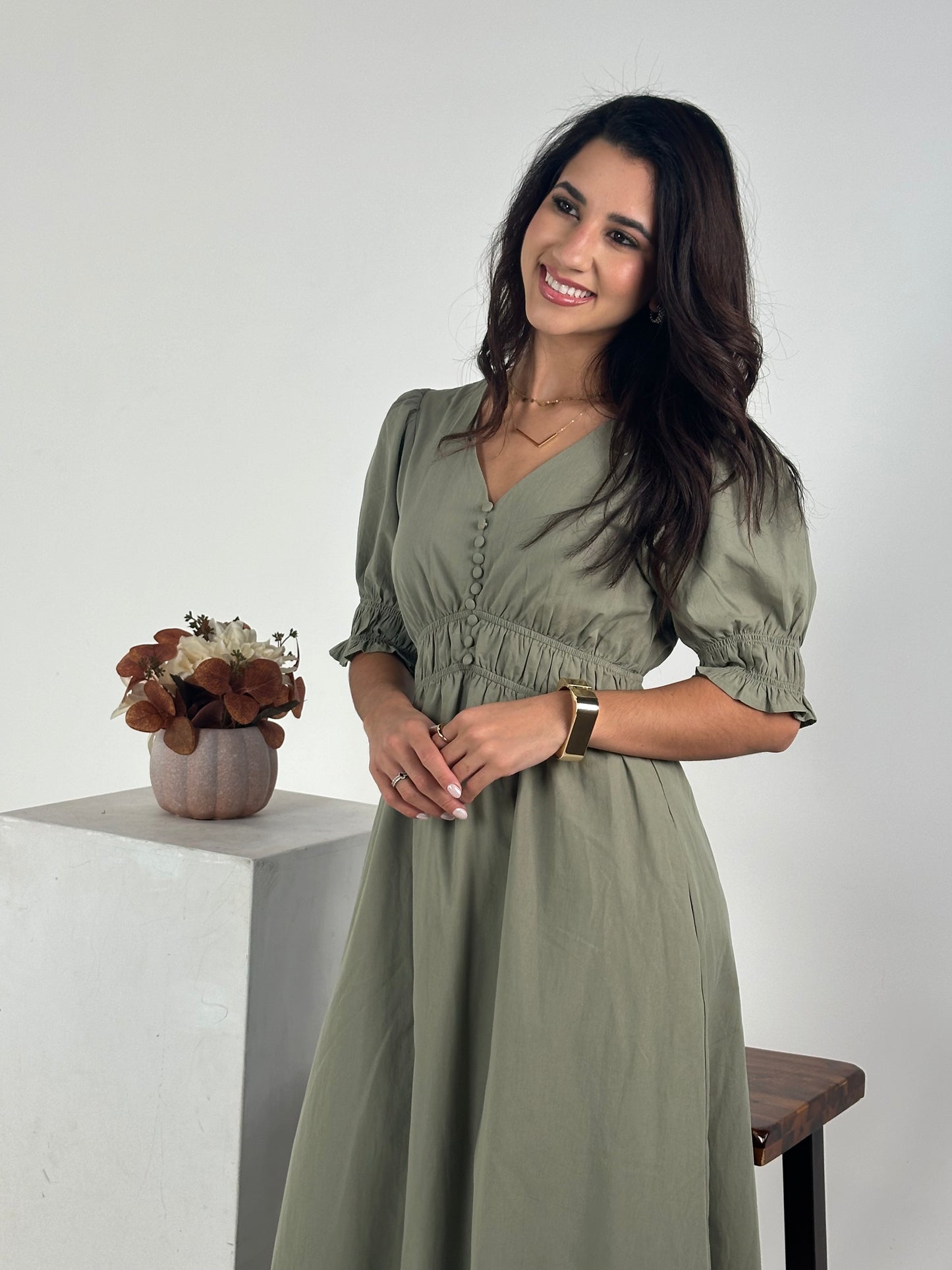 Fitted At Bodice with An A Line Maxi Dress - Vintage Olive