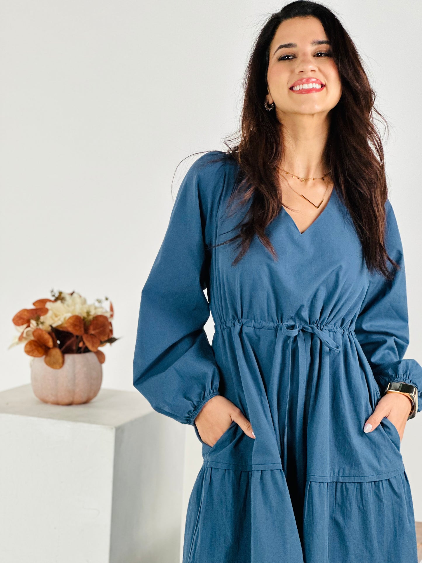 V Neck Waist Tie and Tiered Long Sleeve Maxi Dress - DK Denim