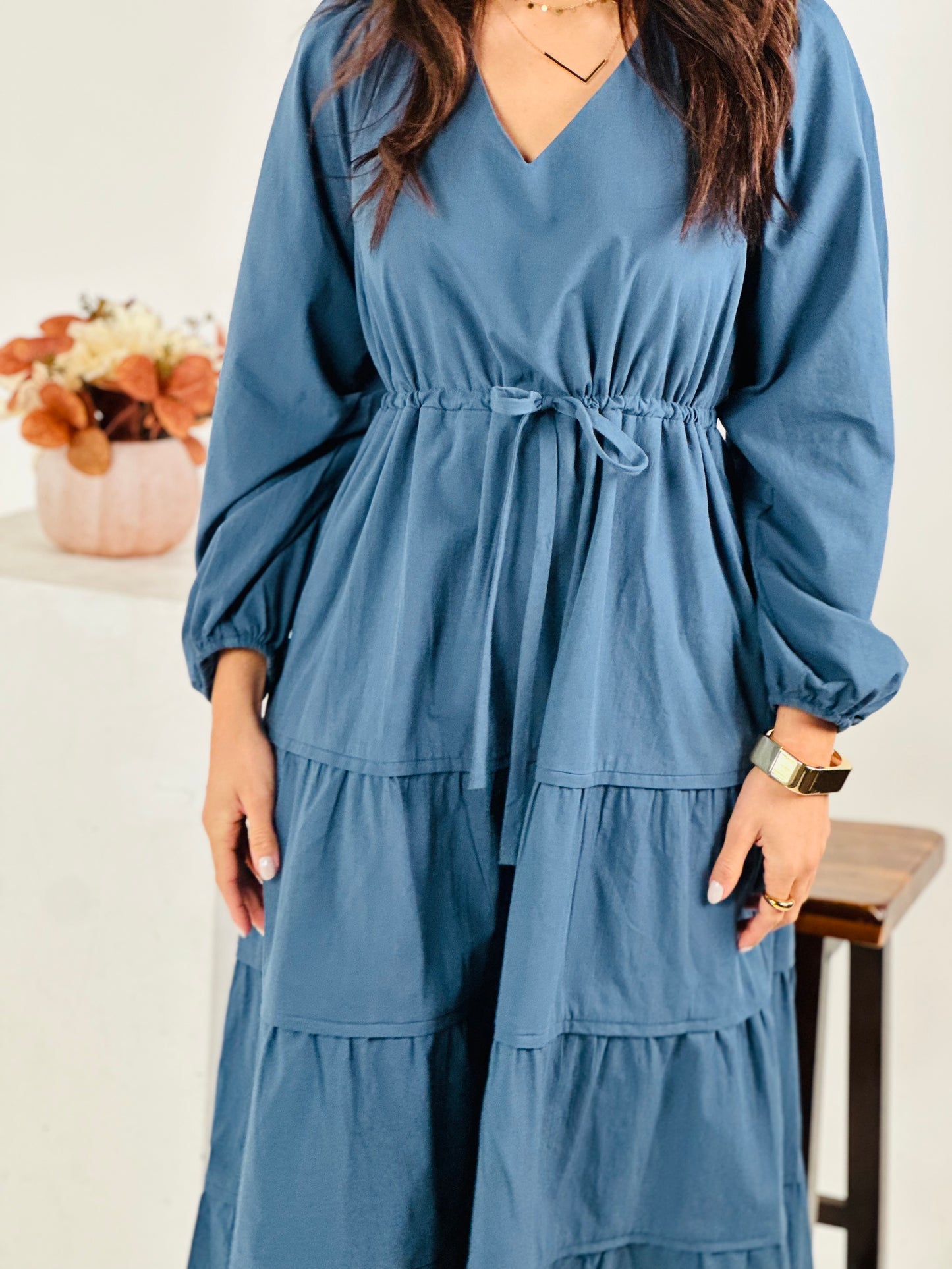 V Neck Waist Tie and Tiered Long Sleeve Maxi Dress - DK Denim