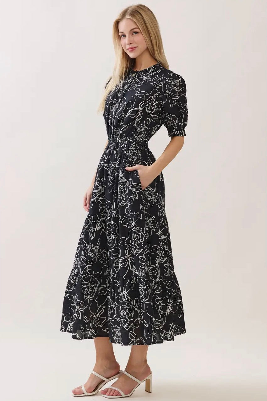 Ruffle Detailed Midi Tiered Dress - Black/Ivory