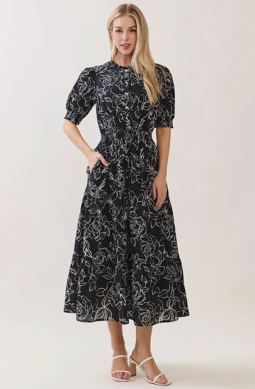 Ruffle Detailed Midi Tiered Dress - Black/Ivory