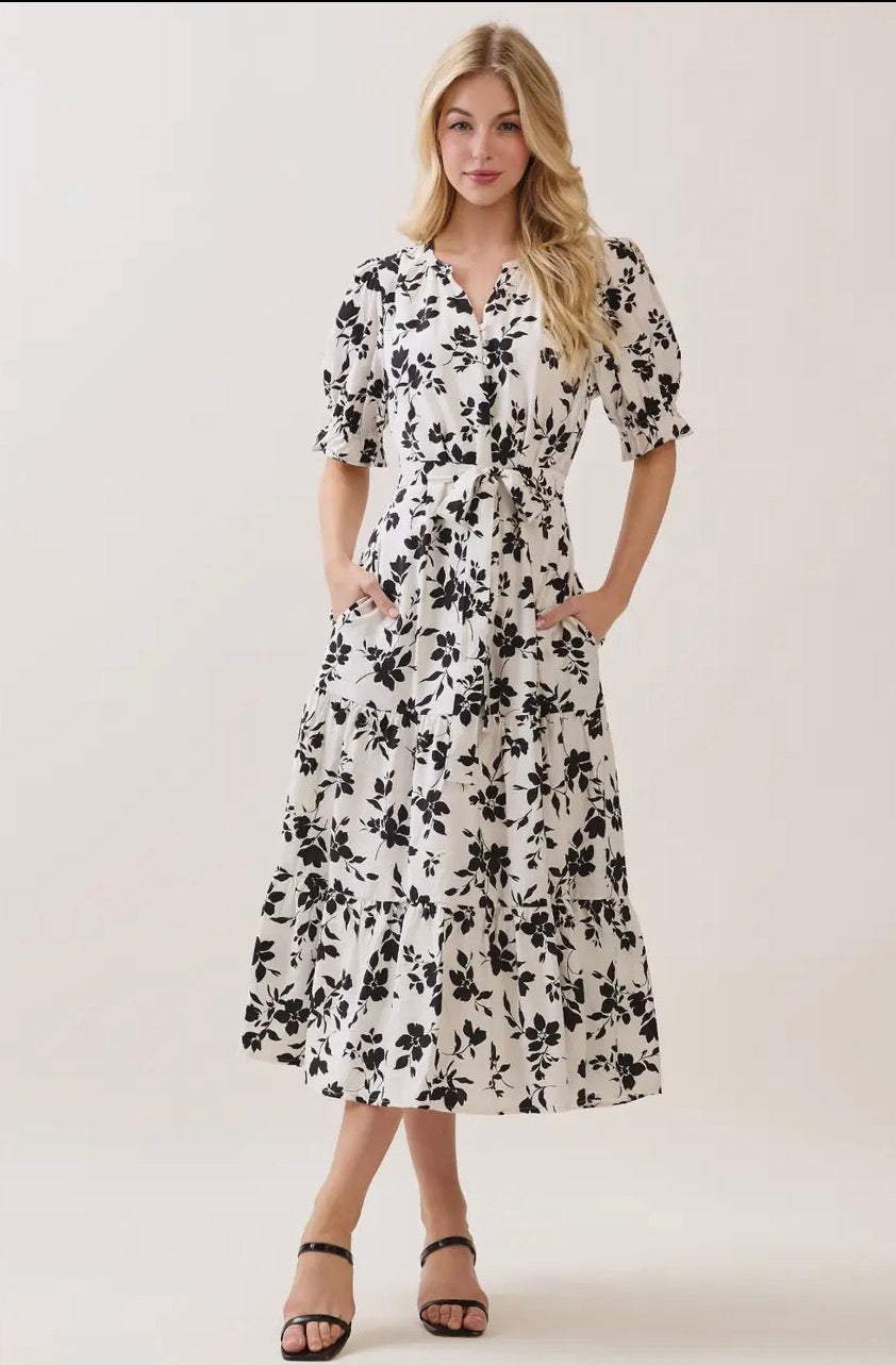 V Neck Waist Tie Tiered Midi Dress - White/Black