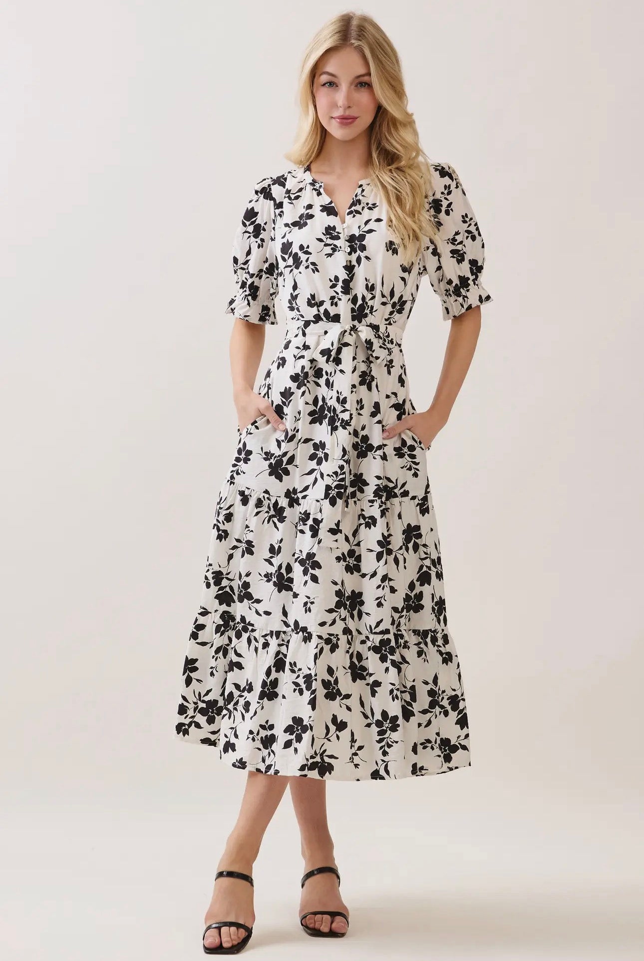 V Neck Waist Tie Tiered Midi Dress - White/Black