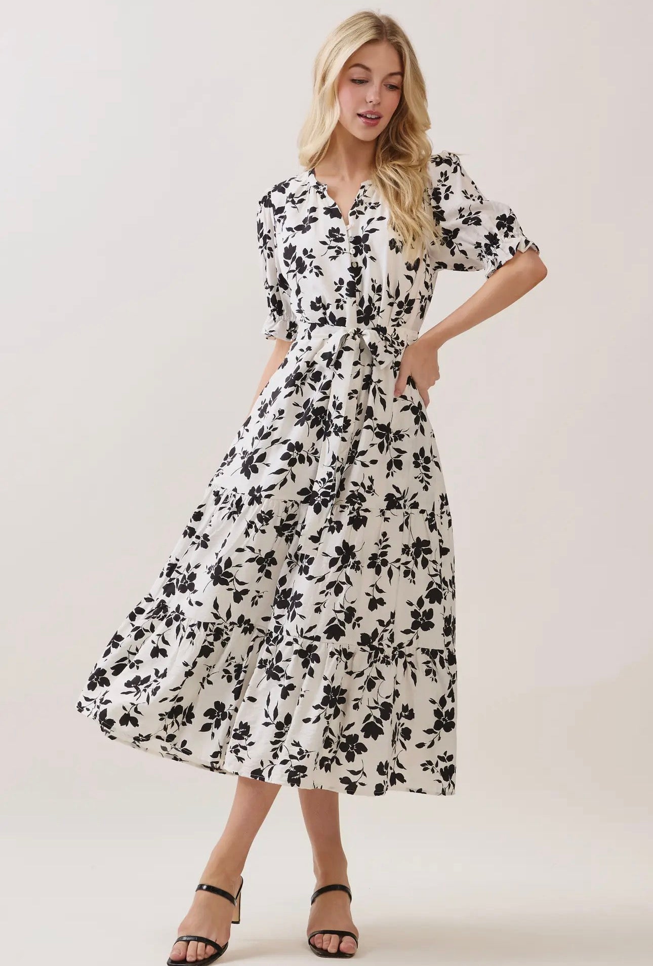 V Neck Waist Tie Tiered Midi Dress - White/Black