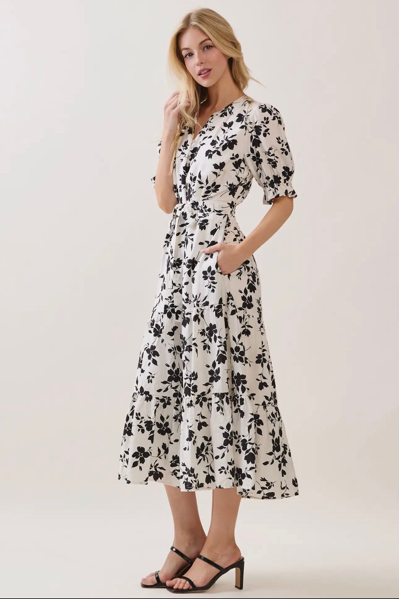 V Neck Waist Tie Tiered Midi Dress - White/Black