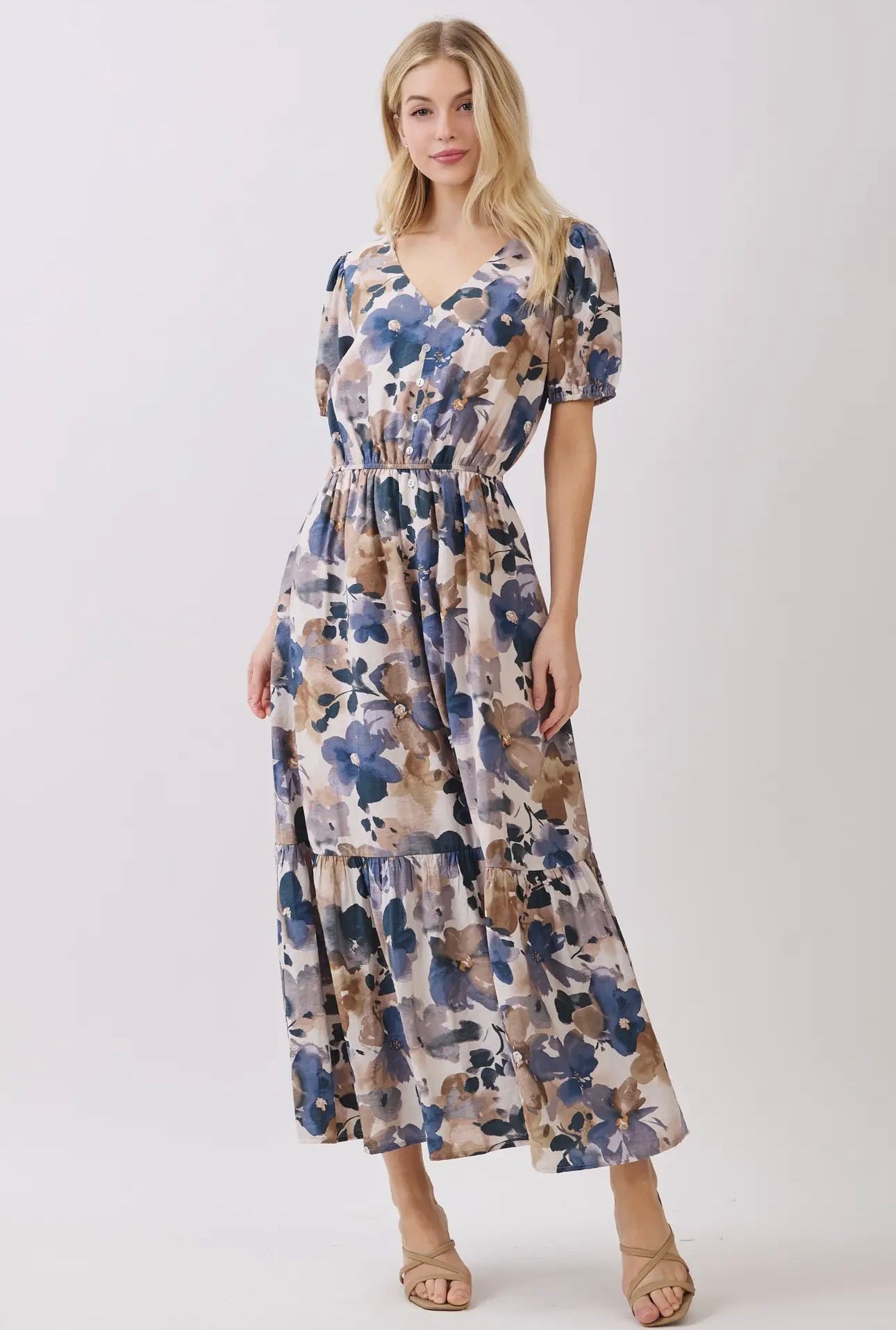 V-Neck Button and Front Slit Detailed Maxi Dress - Purple/Blue