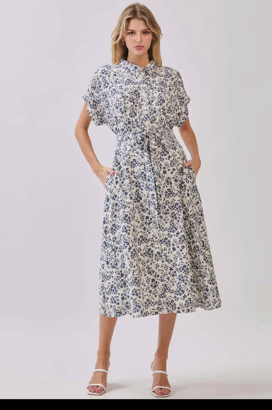 Collar Neck Waist Tie Midi Dress - Cream