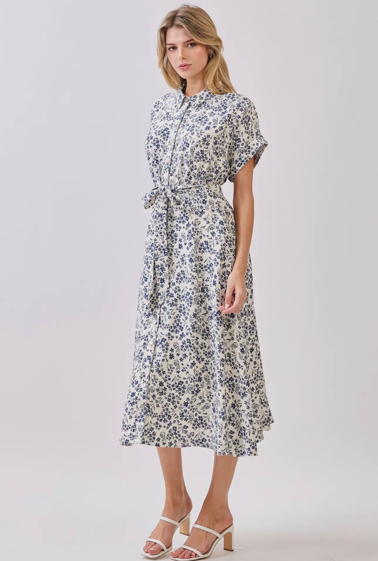 Collar Neck Waist Tie Midi Dress - Cream