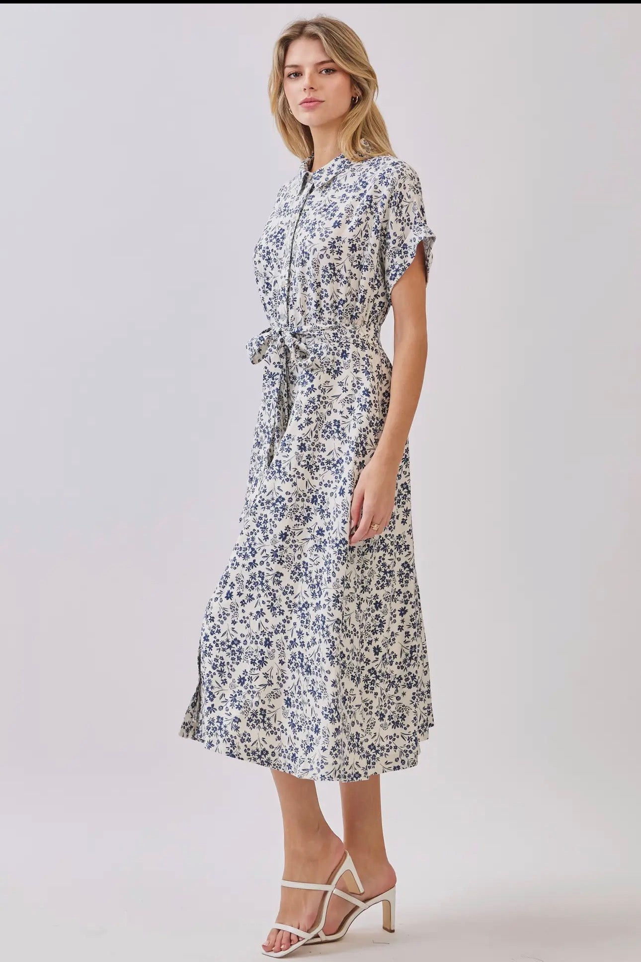 Collar Neck Waist Tie Midi Dress - Cream