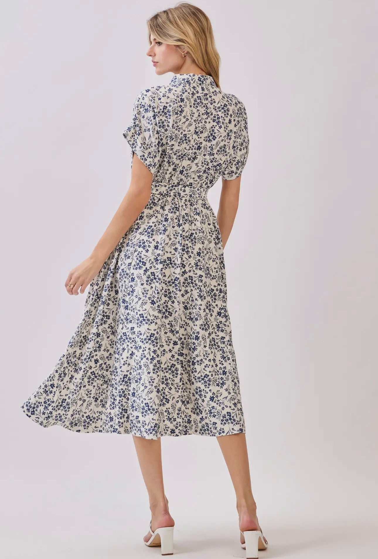 Collar Neck Waist Tie Midi Dress - Cream
