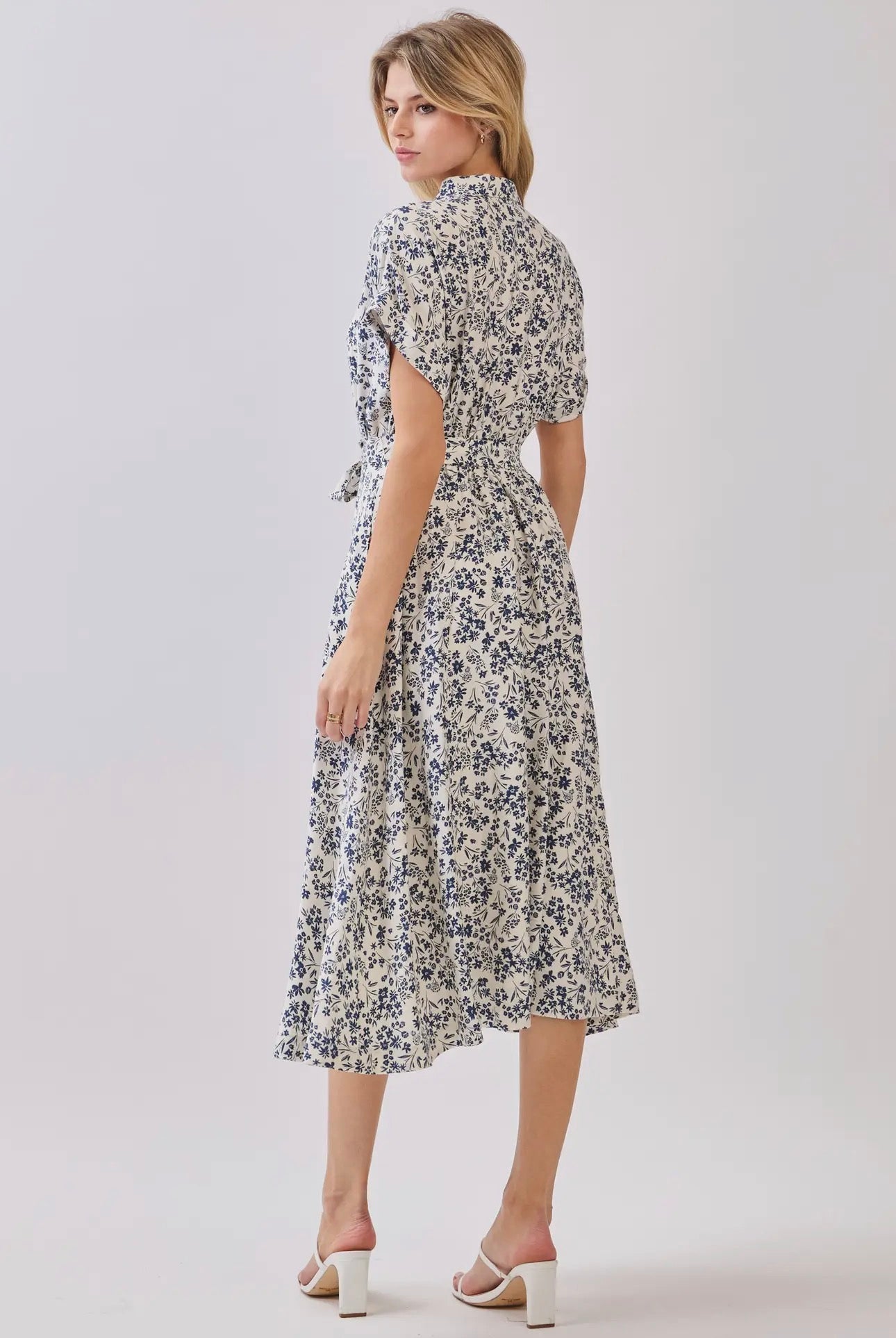 Collar Neck Waist Tie Midi Dress - Cream