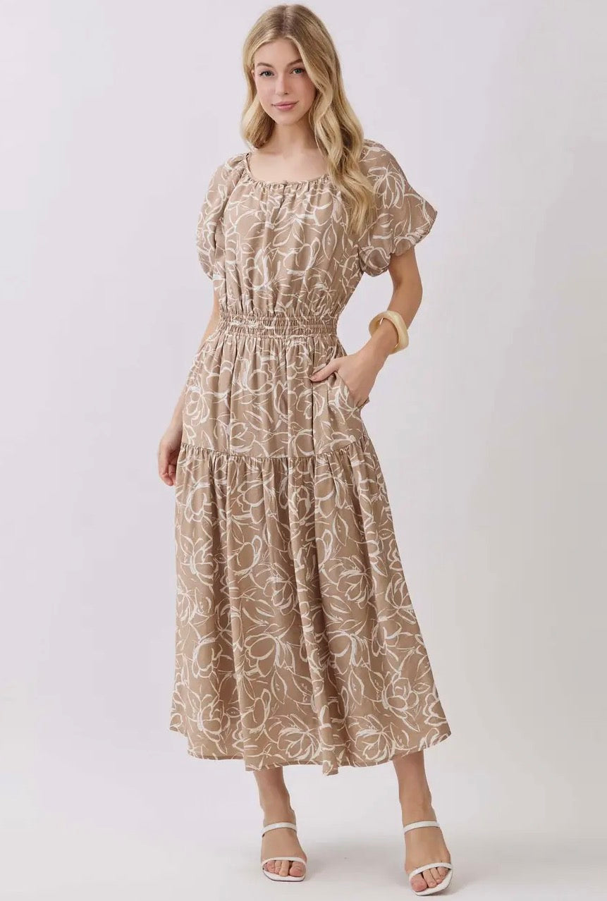 Round Neck Line Balloon Sleeve Midi Dress - Taupe