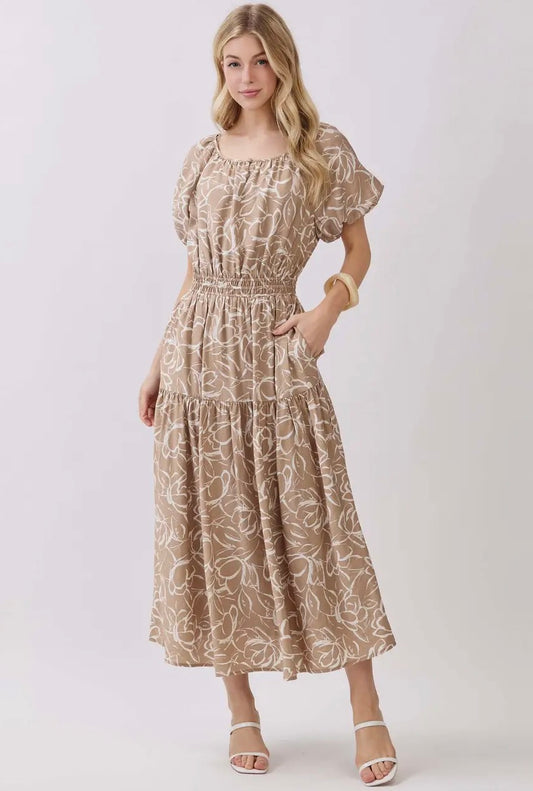 Round Neck Line Balloon Sleeve Midi Dress - Taupe