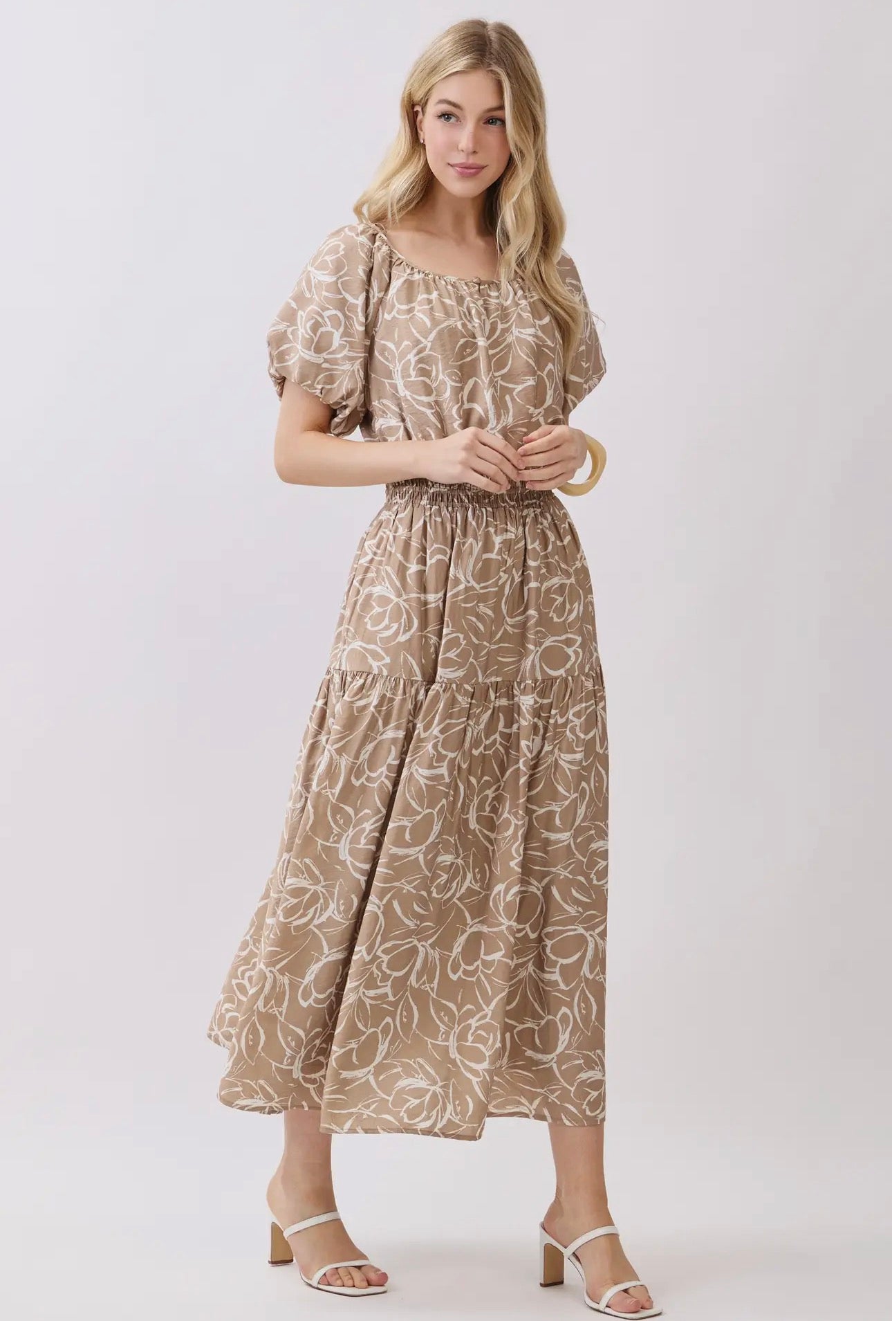 Round Neck Line Balloon Sleeve Midi Dress - Taupe
