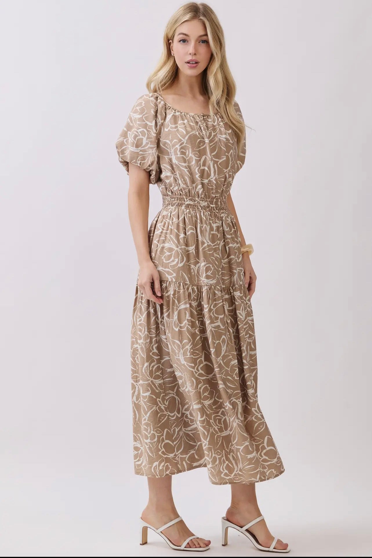 Round Neck Line Balloon Sleeve Midi Dress - Taupe