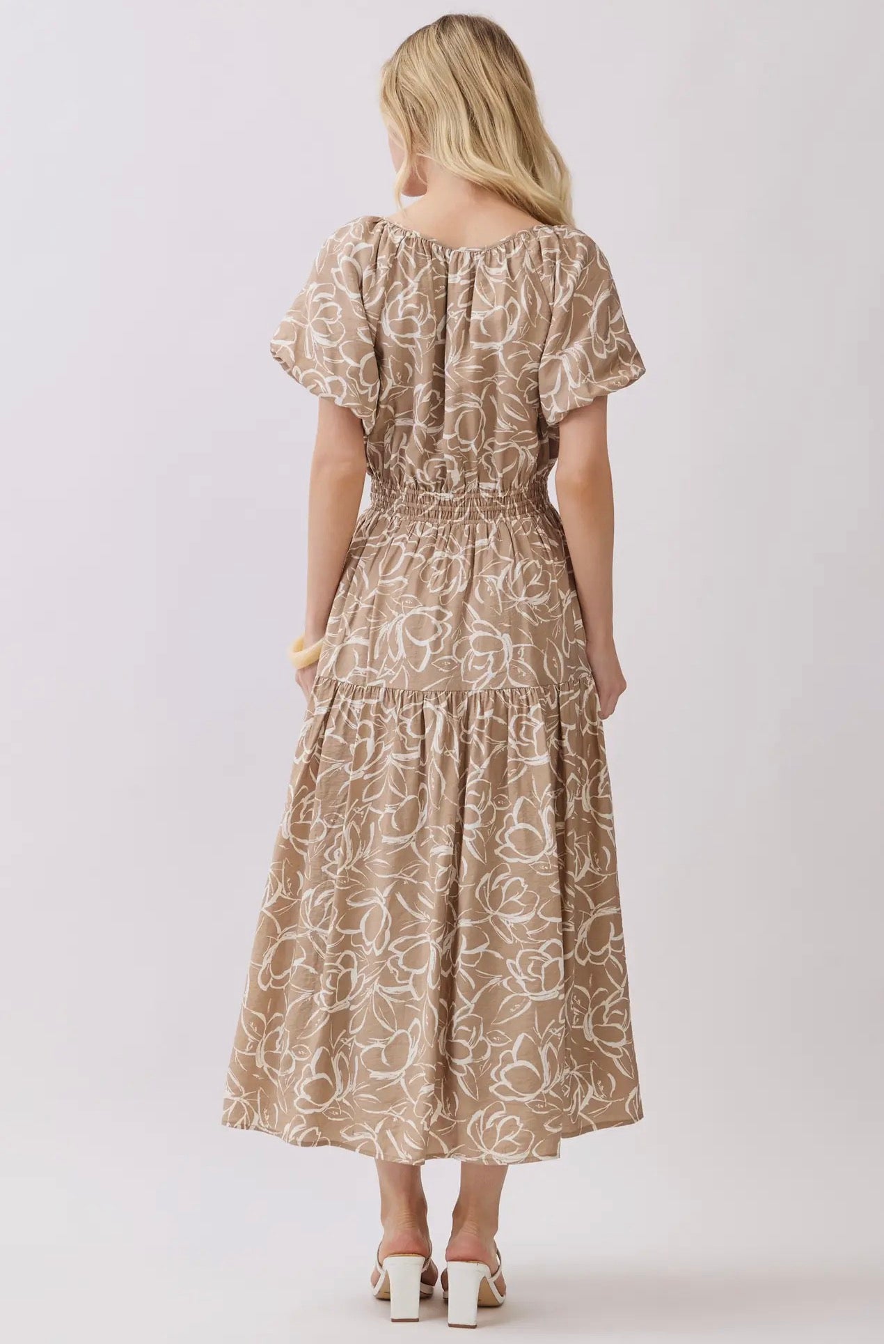 Round Neck Line Balloon Sleeve Midi Dress - Taupe