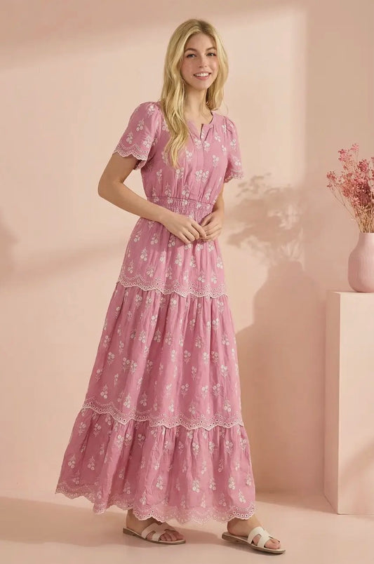 Smocked Waist Maxi Dress with Floral Embroidery - Pink