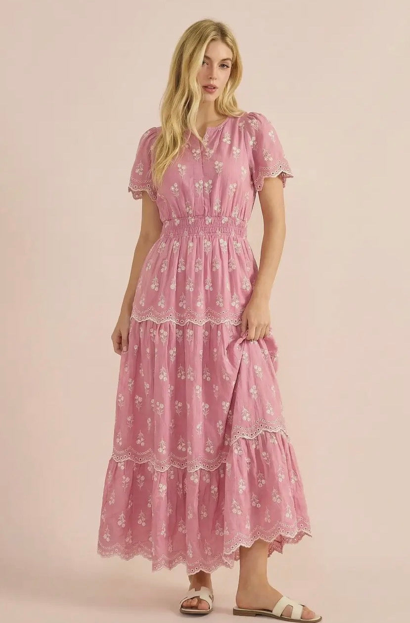 Smocked Waist Maxi Dress with Floral Embroidery - Pink