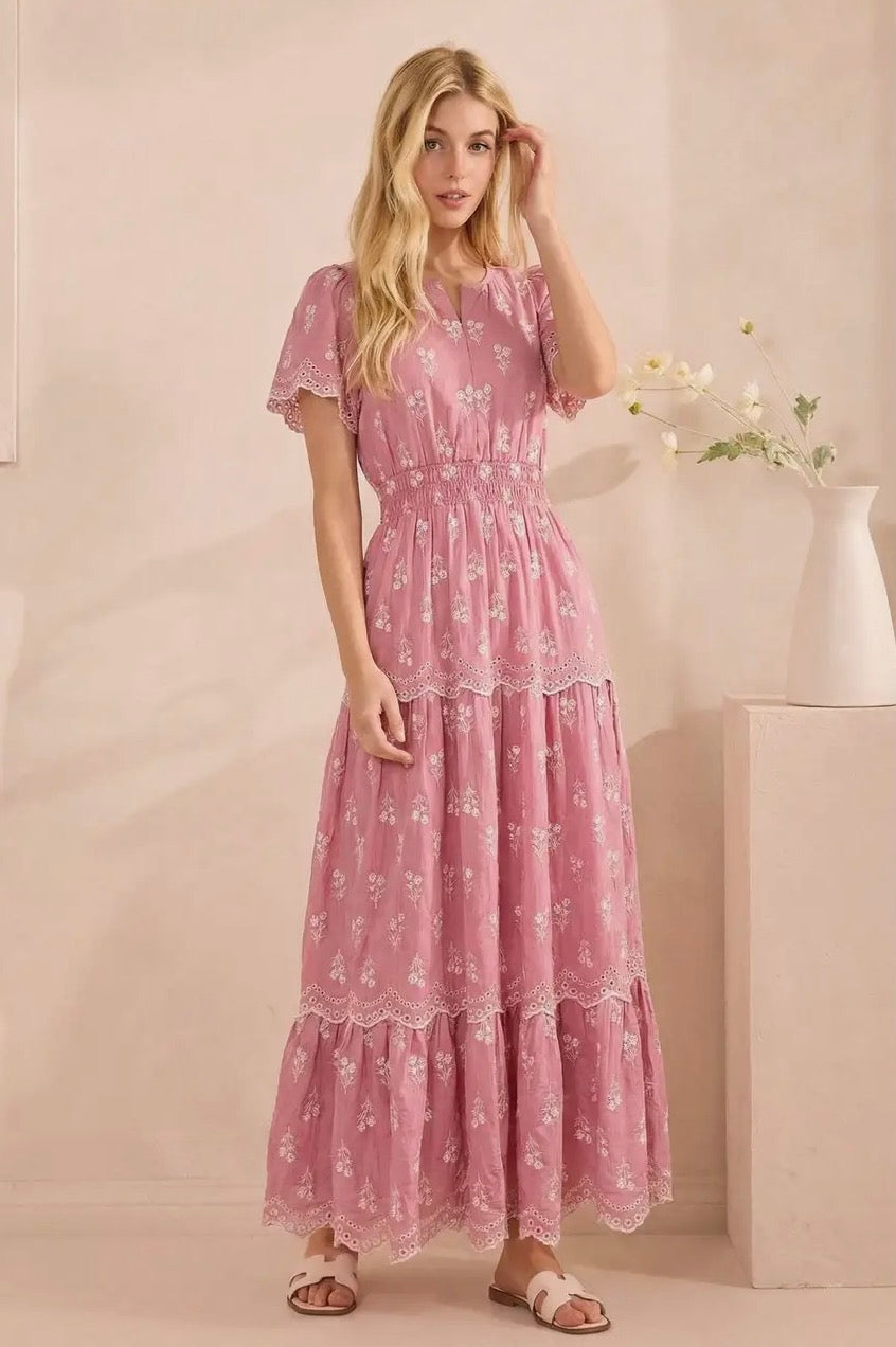 Smocked Waist Maxi Dress with Floral Embroidery - Pink