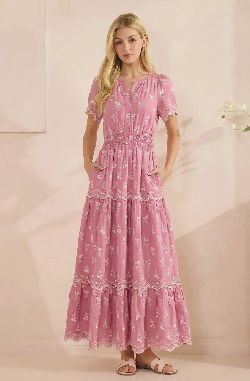 Smocked Waist Maxi Dress with Floral Embroidery - Pink