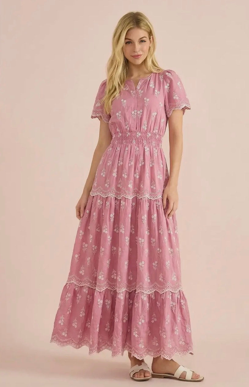 Smocked Waist Maxi Dress with Floral Embroidery - Pink