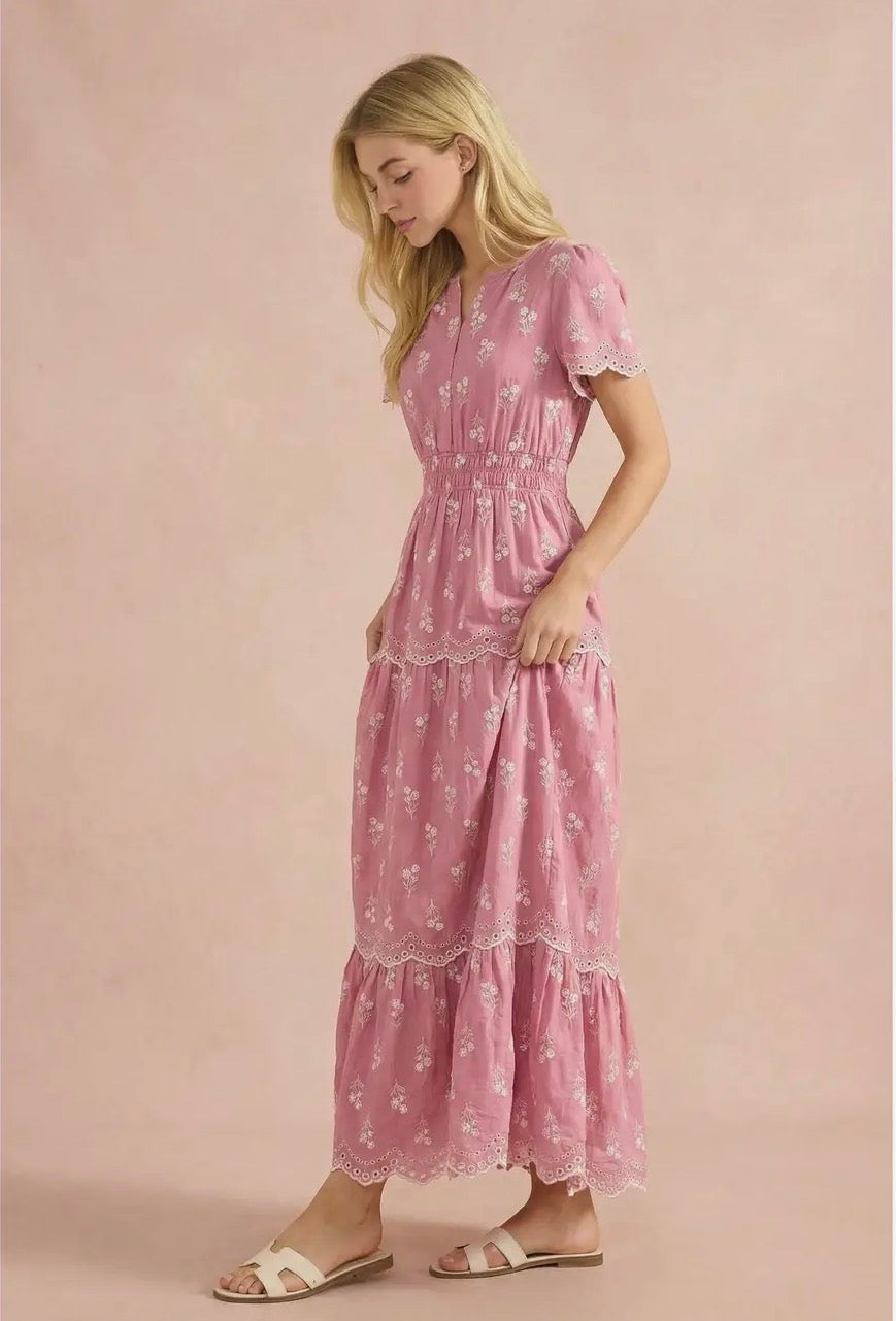 Smocked Waist Maxi Dress with Floral Embroidery - Pink