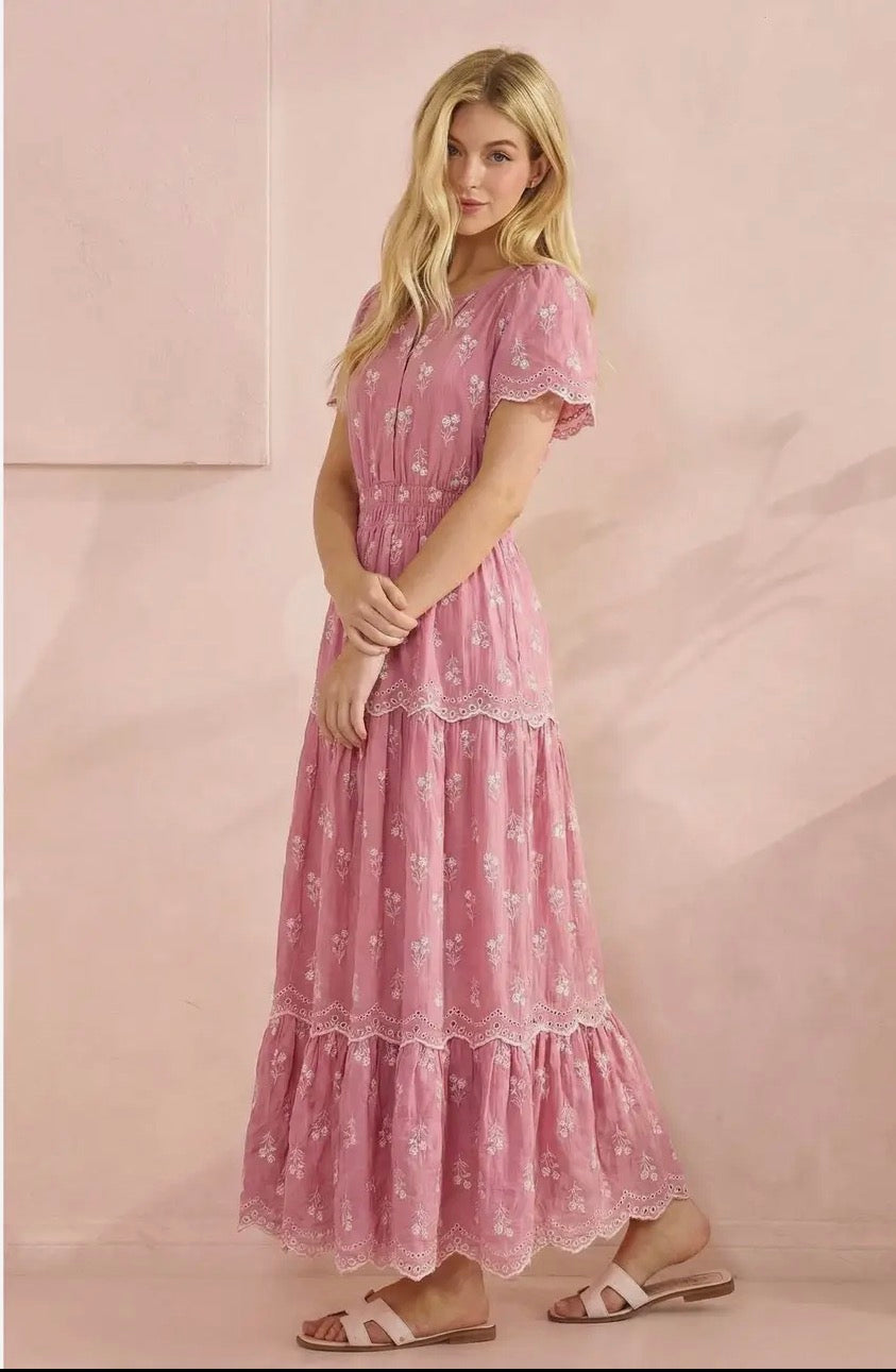 Smocked Waist Maxi Dress with Floral Embroidery - Pink