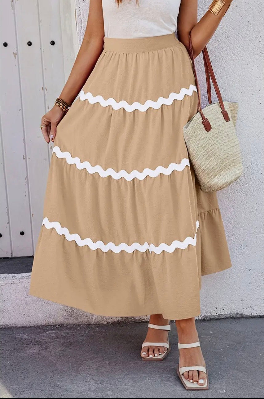 Waves Print Pleated Elastic Waist Band Skirt - Khaki