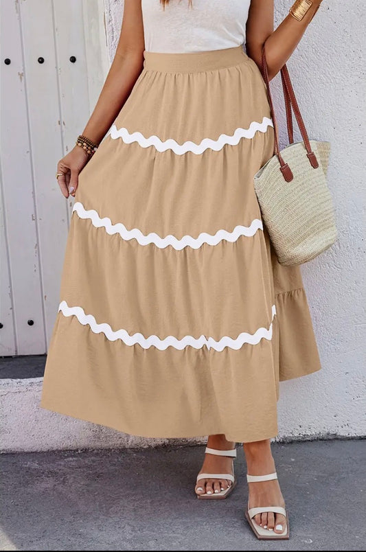 Waves Print Pleated Elastic Waist Band Skirt - Khaki
