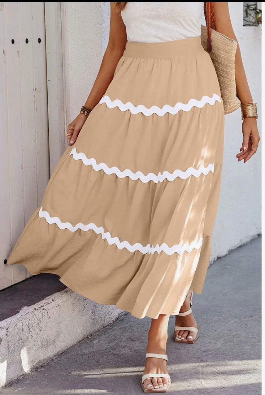 Waves Print Pleated Elastic Waist Band Skirt - Khaki
