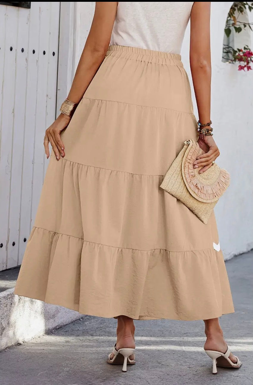Waves Print Pleated Elastic Waist Band Skirt - Khaki