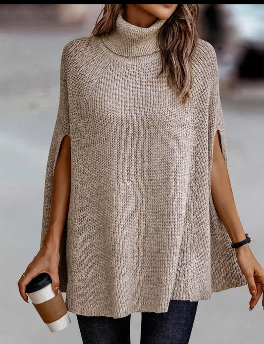 Solid Roll Neck Knit Loose Poncho - Beige