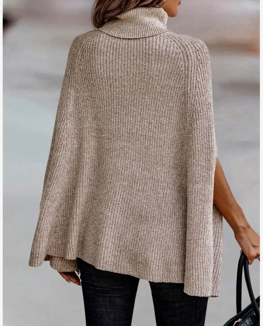 Solid Roll Neck Knit Loose Poncho - Beige