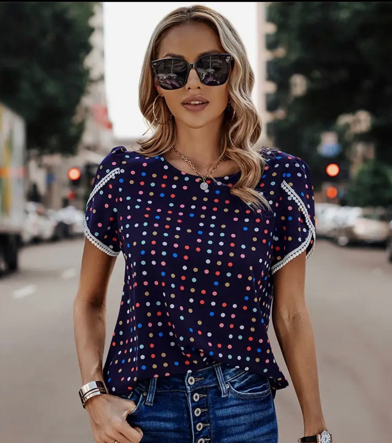 Round Neck Polka Dot Print Petal Sleeve Blouse - Black