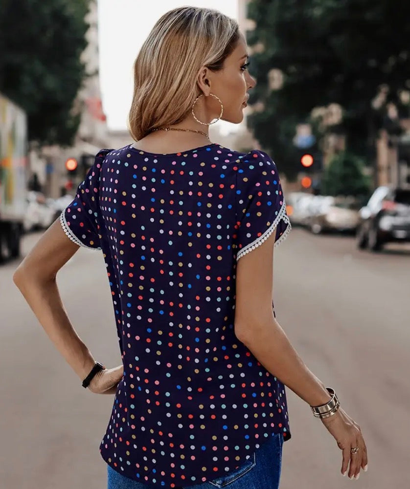 Round Neck Polka Dot Print Petal Sleeve Blouse - Black