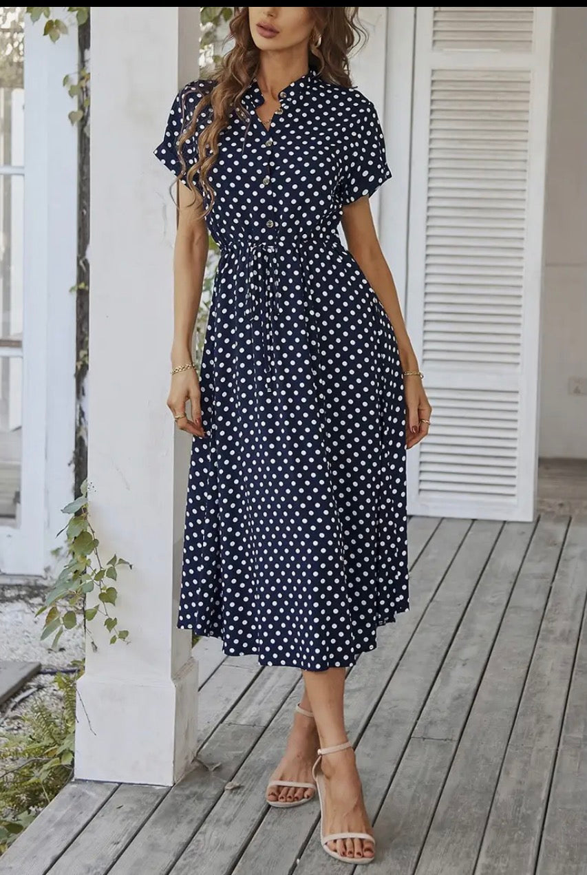Polka Dot Neck Button Belt Long Dress - Green and Navy