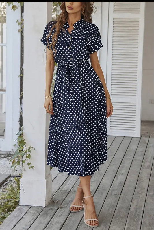 Polka Dot Neck Button Belt Long Dress - Army Green and Navy